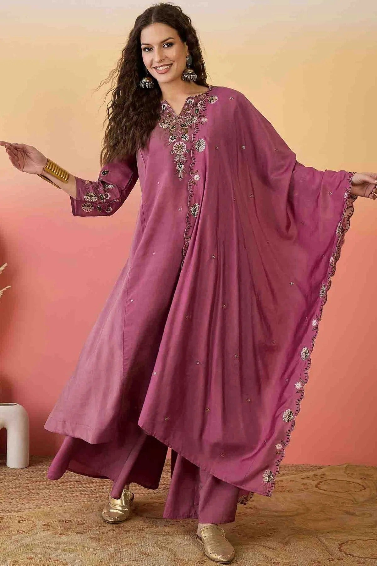 Pink Shimmer Stitched Palazzo Pant Suit NCSS11110174