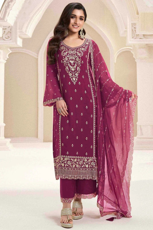 Pink Silk Chiffon Palazzo Pant Suit NCSM11410158