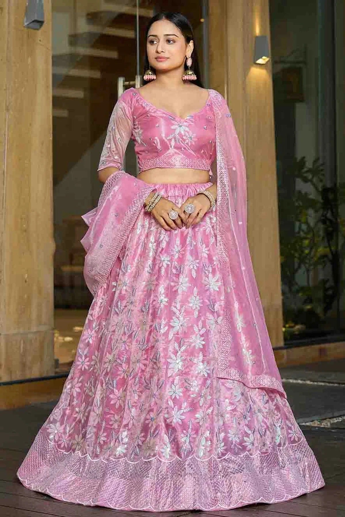Pink Silk Net Semi Stitched Lehenga Choli NCLC11710105