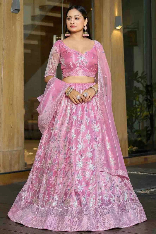 Pink Silk Net Semi Stitched Lehenga Choli NCLC11710105