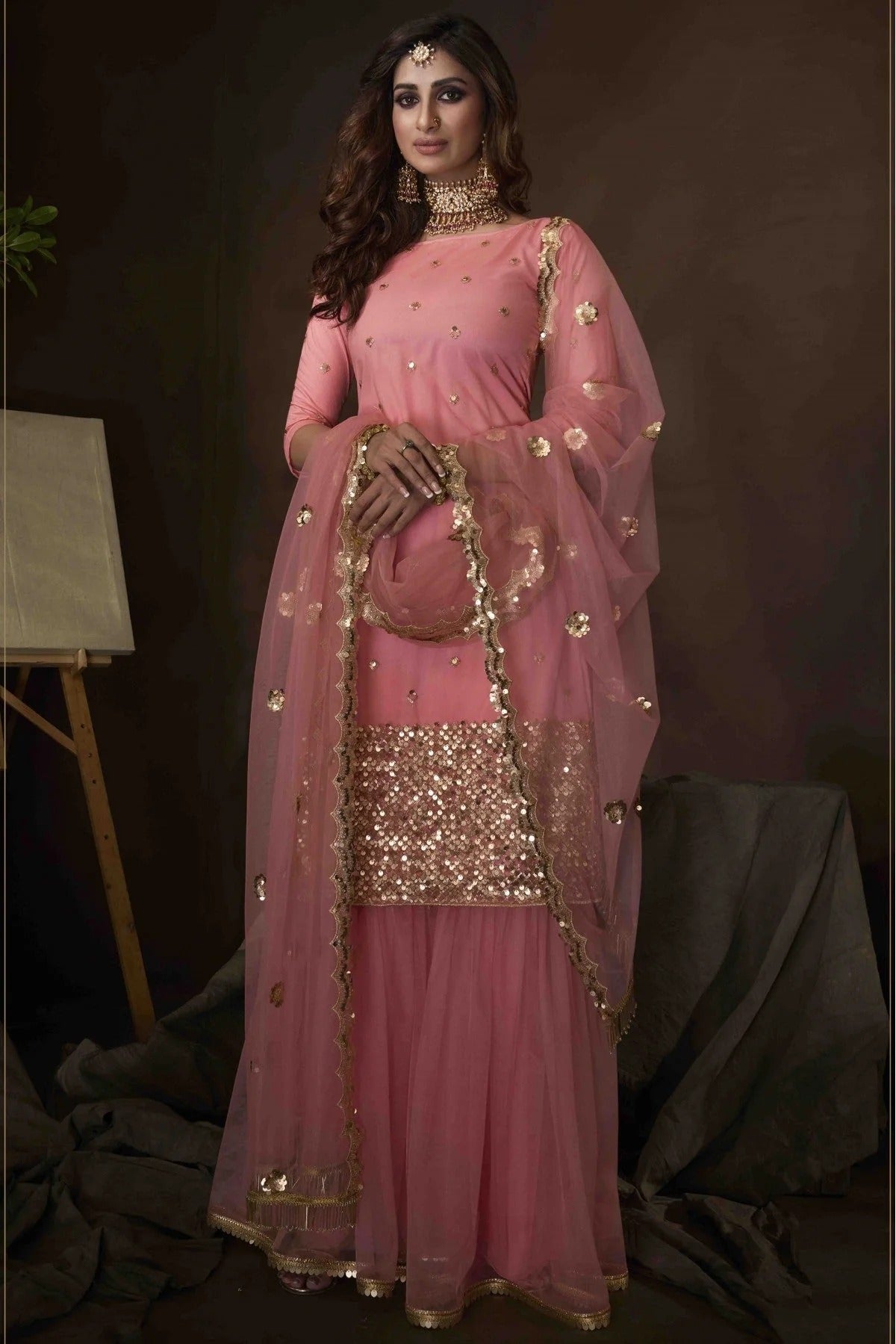 Pink Soft Net Sequins Sharara Suit NCSM10810358