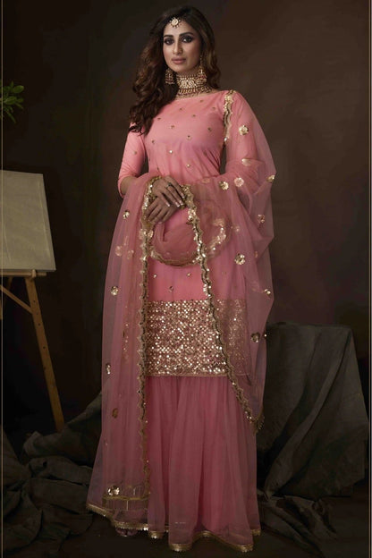 Pink Soft Net Sequins Sharara Suit NCSM10810358