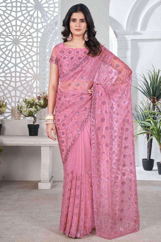 Pink Tissue Net Designer Saree NCSD11111219