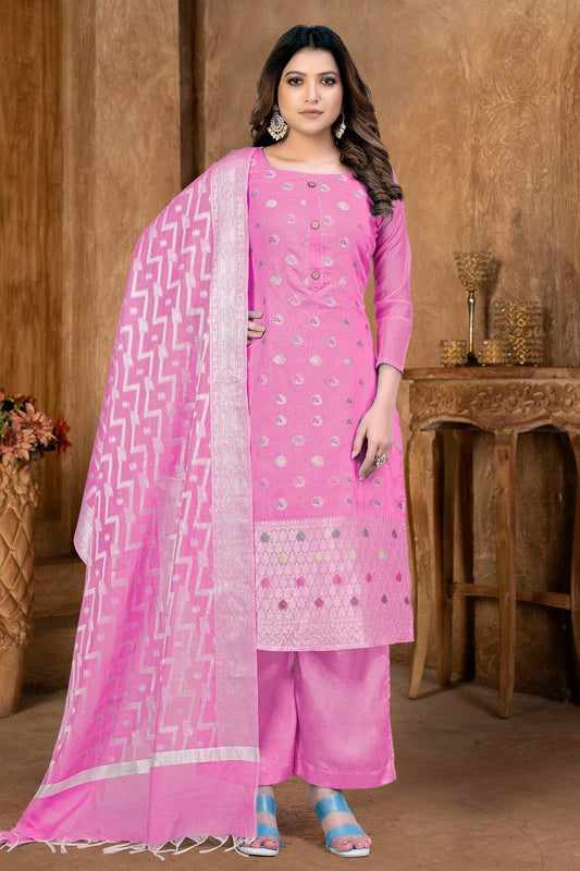 Pink Unstitched Banarasi Jacquard Palazoo Pant Suit NCUS11610108