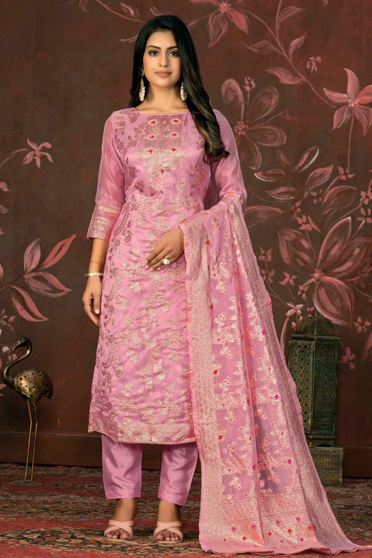 Pink Unstitched Banarasi Jacquard Straight Suit NCUS11610137