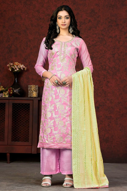 Pink Unstitched Banarasi Jacquard Straight Suit NCUS11610370