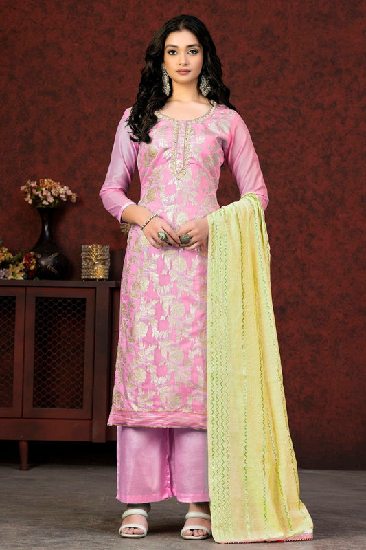 Pink Unstitched Banarasi Jacquard Straight Suit NCUS11610370