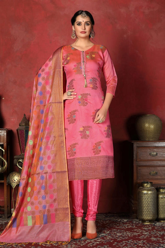 Pink Unstitched Banarasi Silk Churidar Suit NCUS11610144