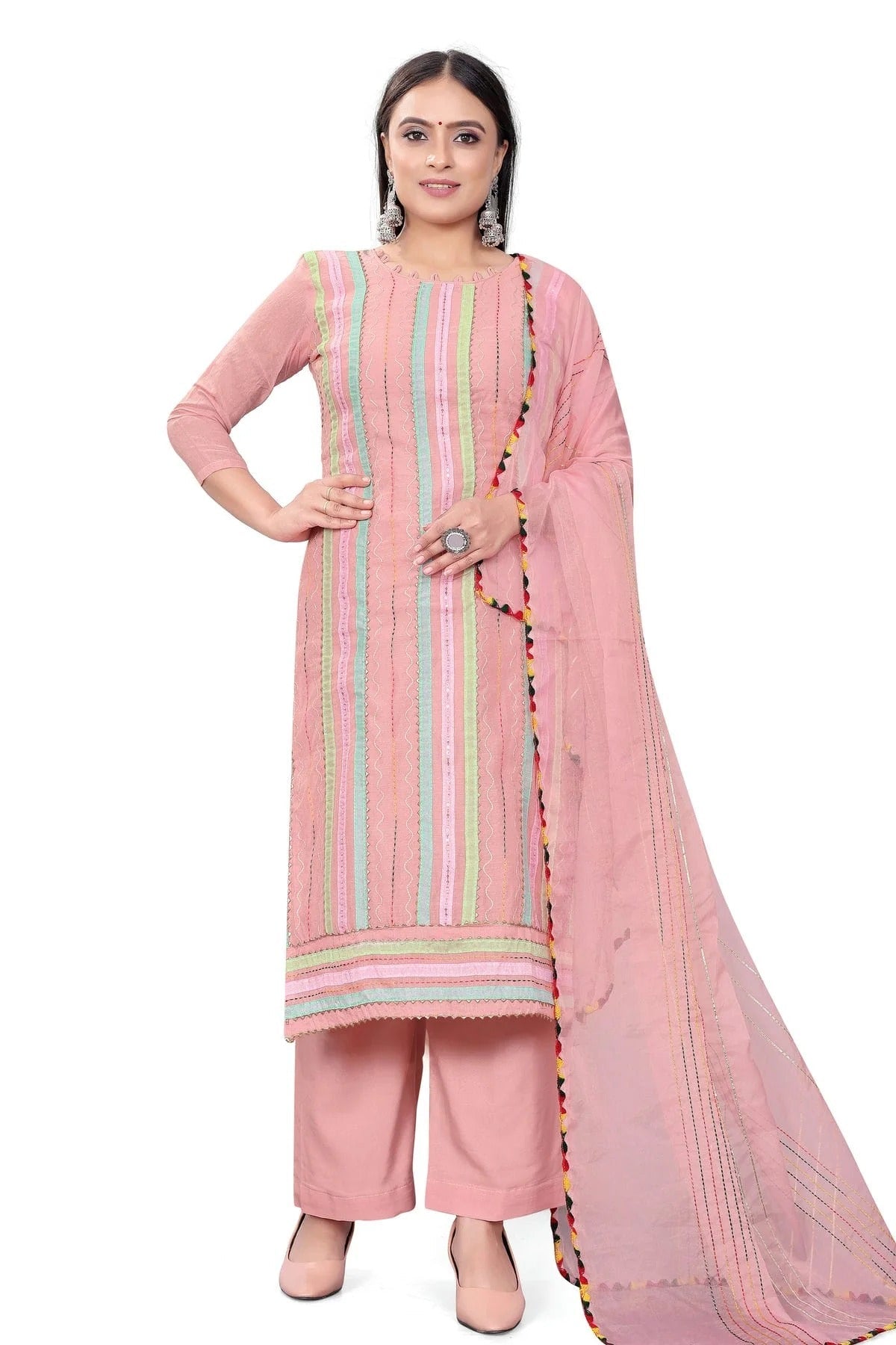 Pink Unstitched Chanderi Cotton Plazzo Pant Suit NCUS11610476