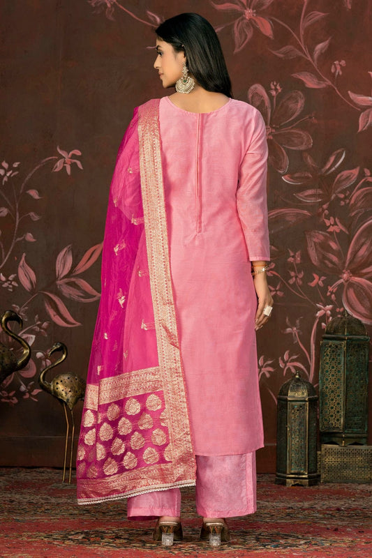 Pink Unstitched Cotton Jacquard Straight Suit NCUS11610162