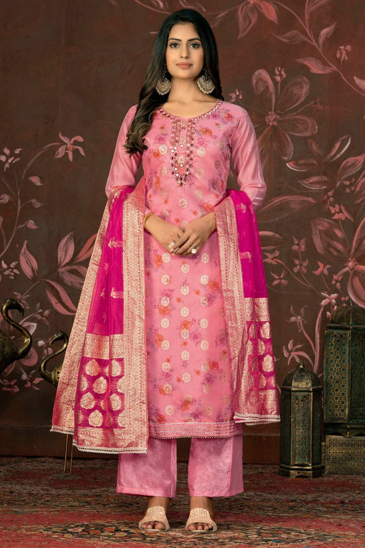 Pink Unstitched Cotton Jacquard Straight Suit NCUS11610162