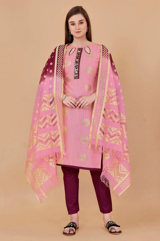 Pink Unstitched Cotton Jacquard Straight Suit NCUS11610377