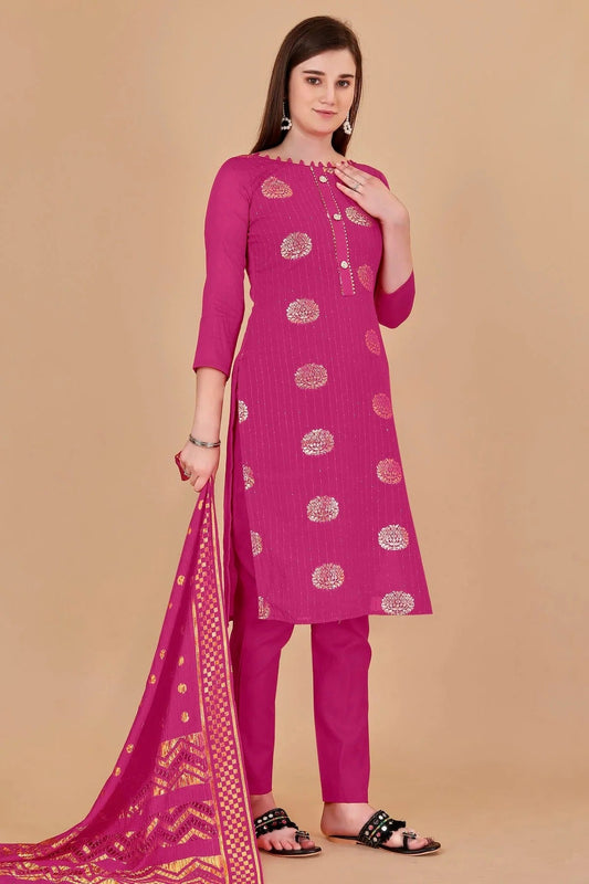 Pink Unstitched Cotton Jacquard Straight Suit NCUS11610383