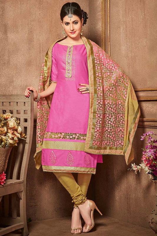 Pink Unstitched Glaze Cotton Churidar Suit NCUS11610214