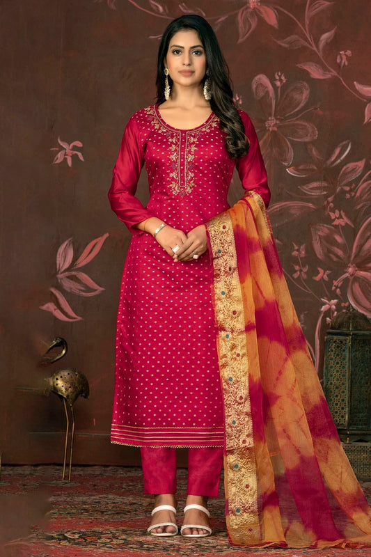 Pink Unstitched Modal Cotton Jacquard Pant Style Suit NCUS11610154