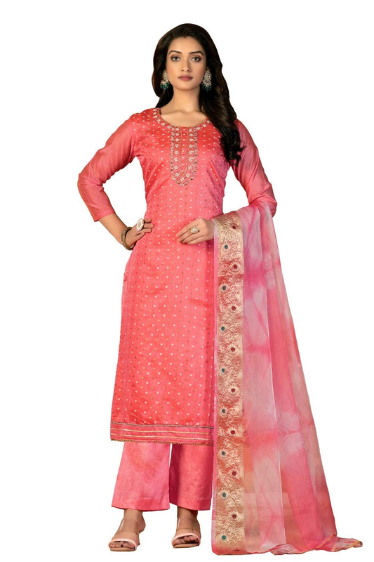 Pink Unstitched Modal Cotton Jacquard Straight Suit NCUS11610327