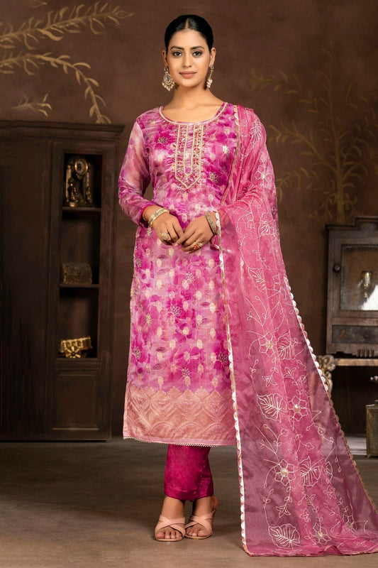Pink Unstitched Organza Banarasi Jacquard Pant Style Suit NCUS11610149