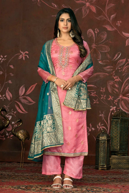 Pink Unstitched Organza Jacquard Straight Suit NCUS11610165