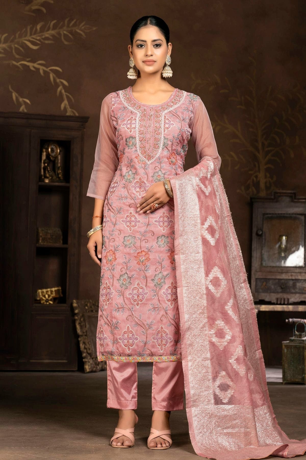 Pink Unstitched Organza Pant Style Suit NCUS11610117