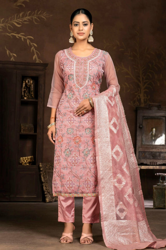 Pink Unstitched Organza Pant Style Suit NCUS11610117