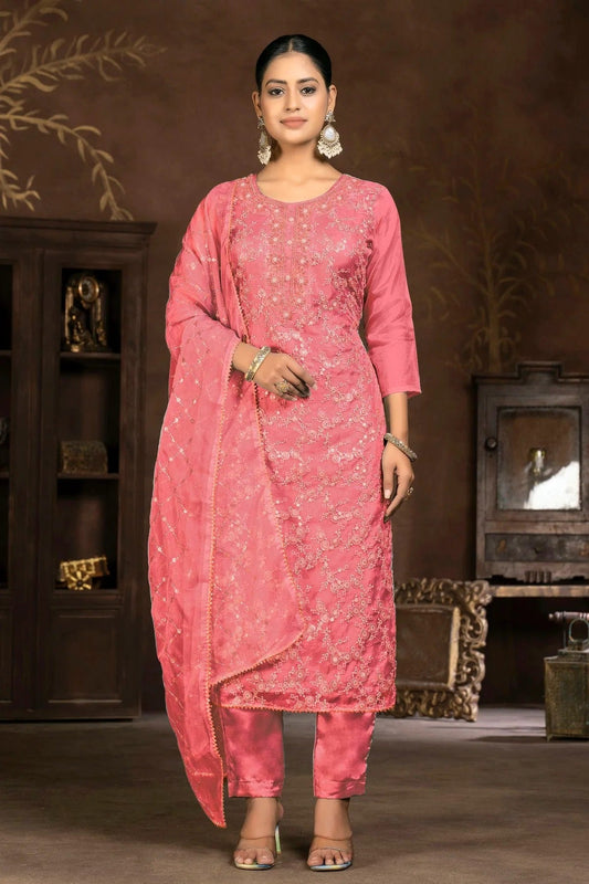 Pink Unstitched Pure Organza Pant Style Suit NCUS11610113
