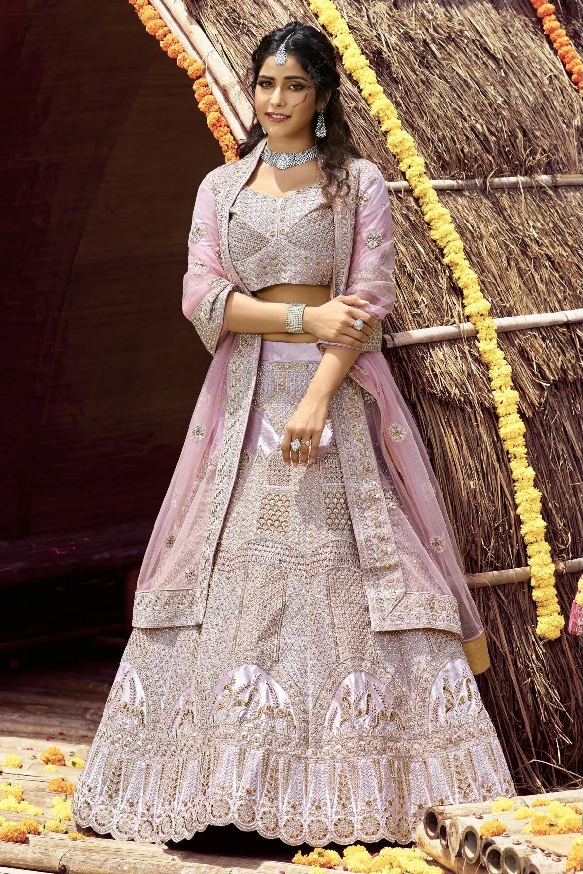 Pink Velvet Embroidery Bridal Lehenga Choli NCLC10810381
