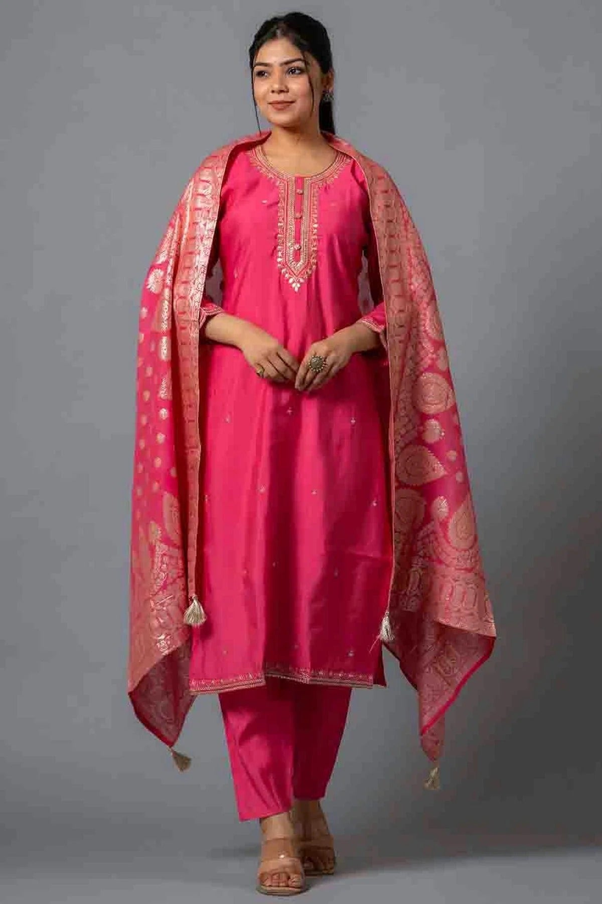 Pink Viscose Chanderi Embroidery Pant Style Suit NCSS11110358
