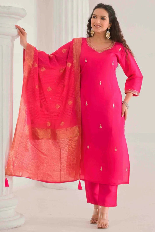 Pink Viscose Chanderi Stitched Pant Style Suit NCSS11110192