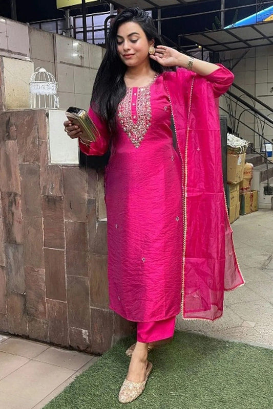 Pink Viscose Chanderi Stitched Salwar Suit NCSS11111573