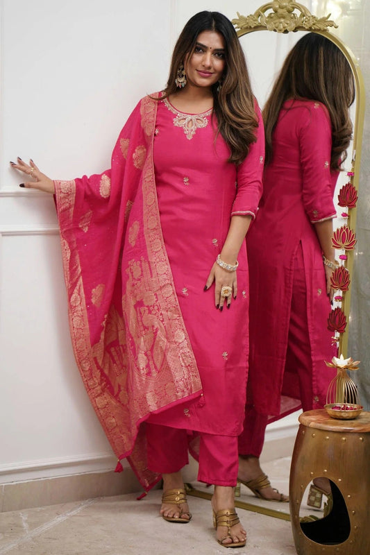 Pink Viscose Chanderi Stitched Salwar Suit NCSS11111580