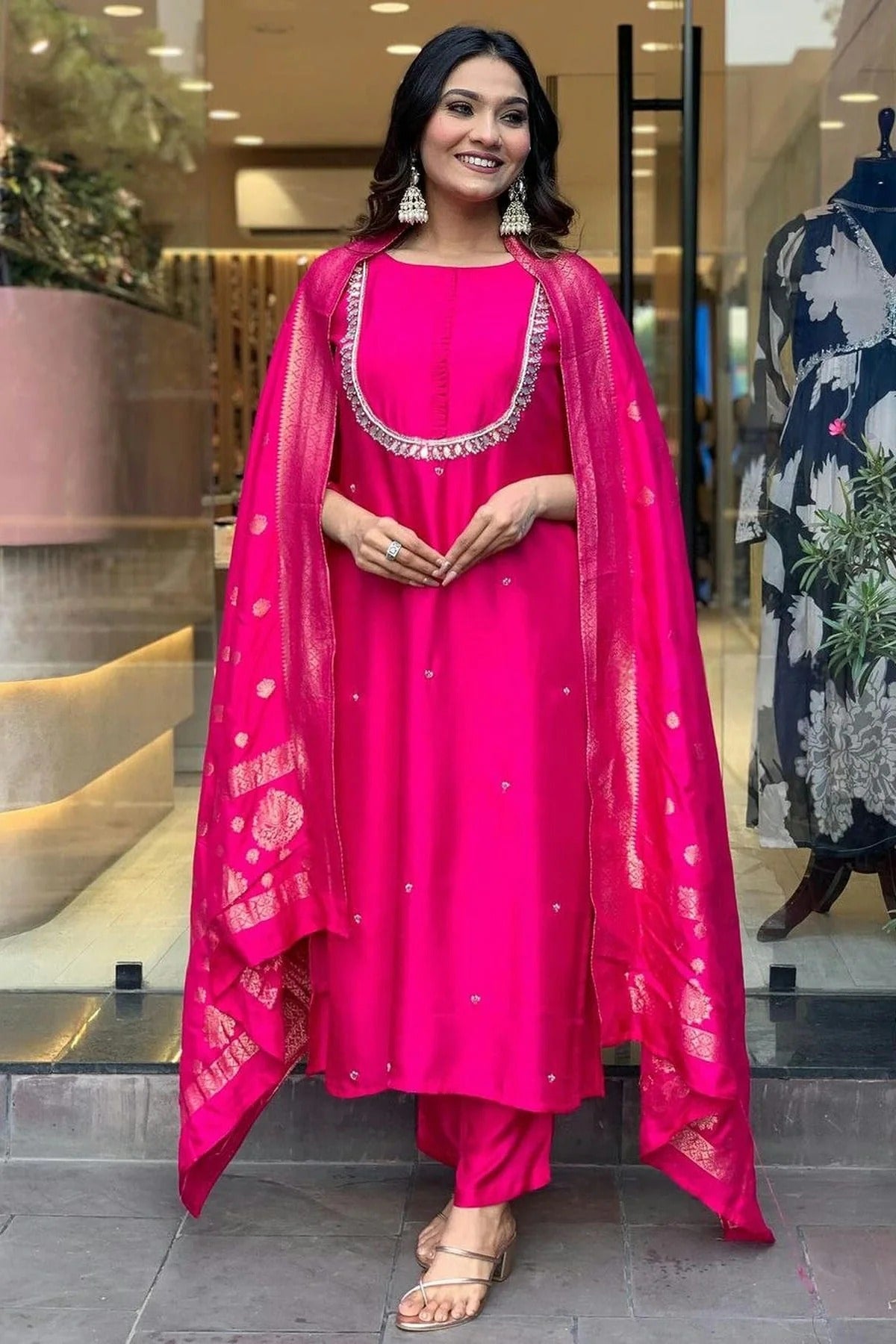 Pink Viscose Chanderi Stitched Salwar Suit NCSS11111924