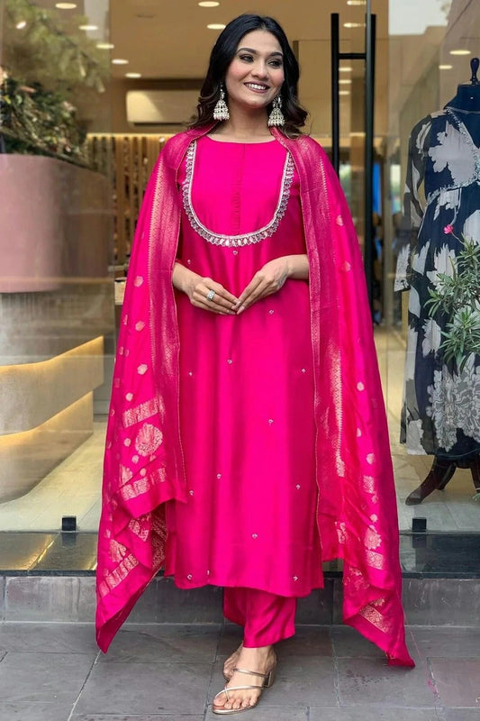 Pink Viscose Chanderi Stitched Salwar Suit NCSS11111924