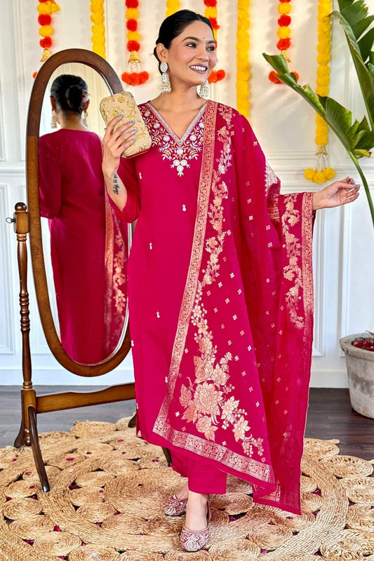Pink Viscose Chanderi Stitched Salwar Suit NCSS11111993