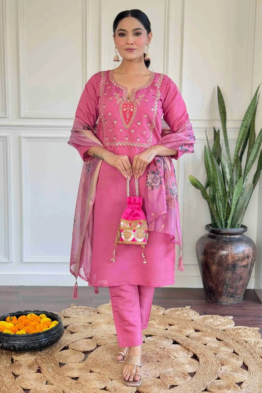 Pink Viscose Chanderi Stitched Suit NCSS11110654