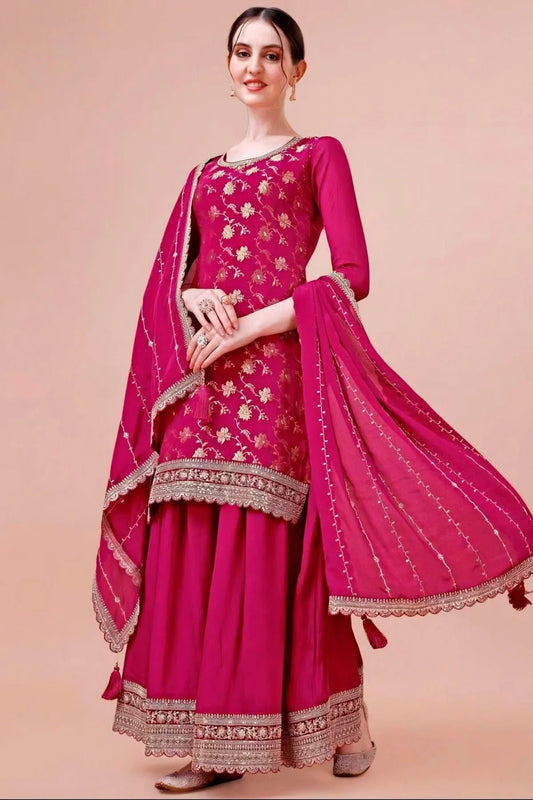 Pink Viscose Chinon Sharara Suit NCSM11112329