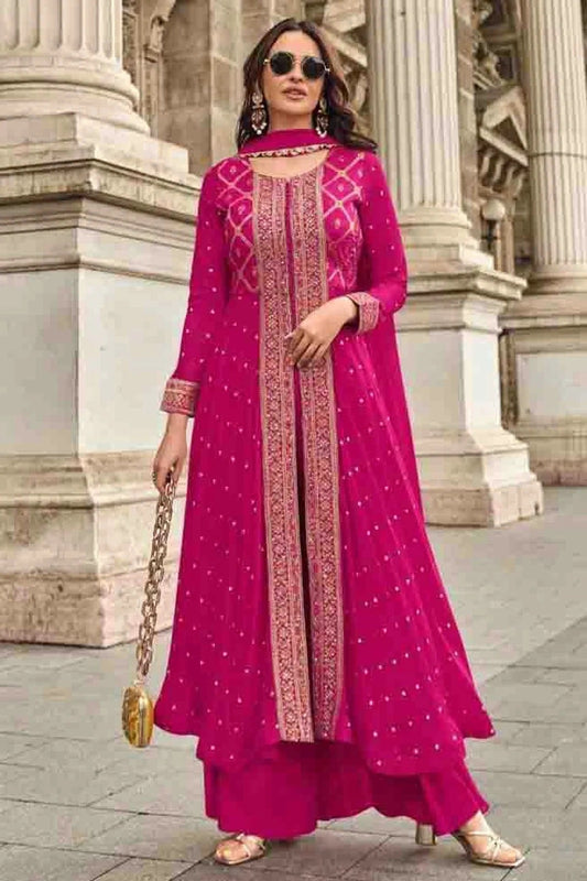 Pink Viscose Muslin Jacquard Palazzo Pant Suit NCSM11410225