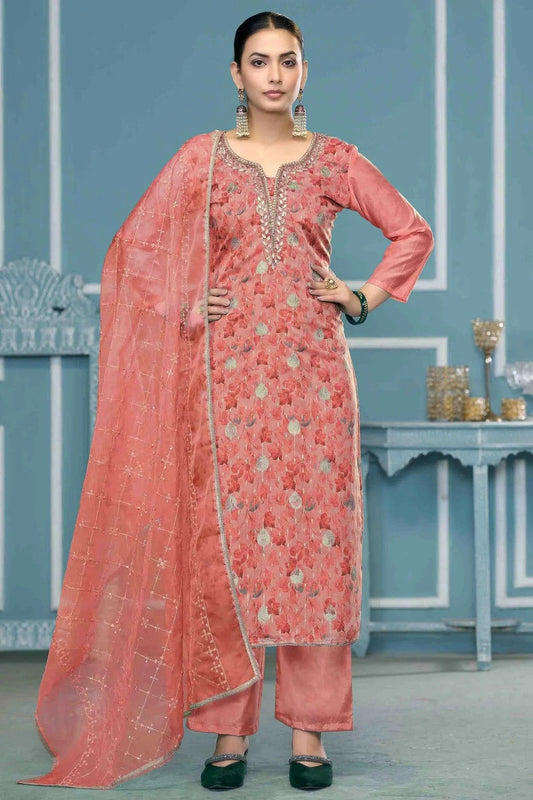 Pink Viscose Organza Pant Style Suit NCSM11110752