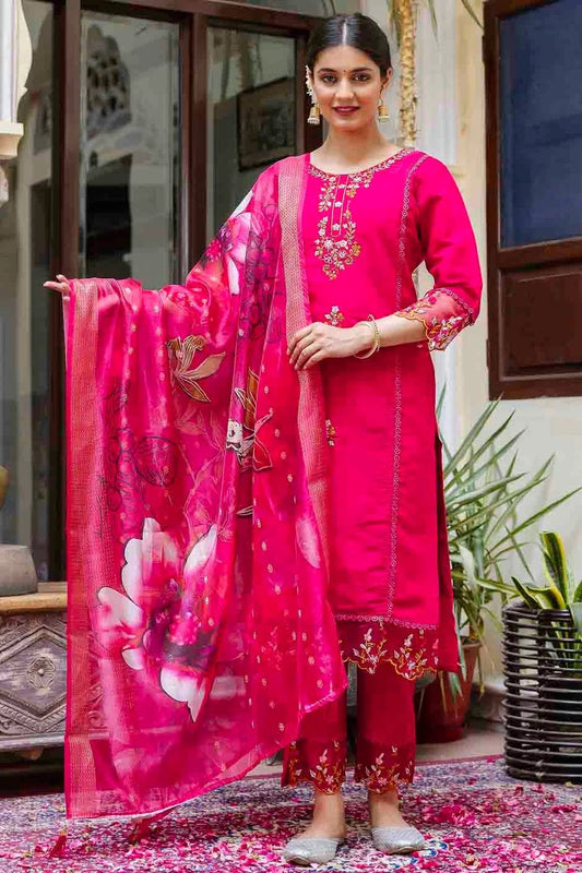 Pink Viscose Roman Silk Embroidery Pant Style Suit NCSS11110352