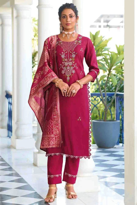 Pink Viscose Silk Embroidery and Woven Pant Style Suit NCSS11110328