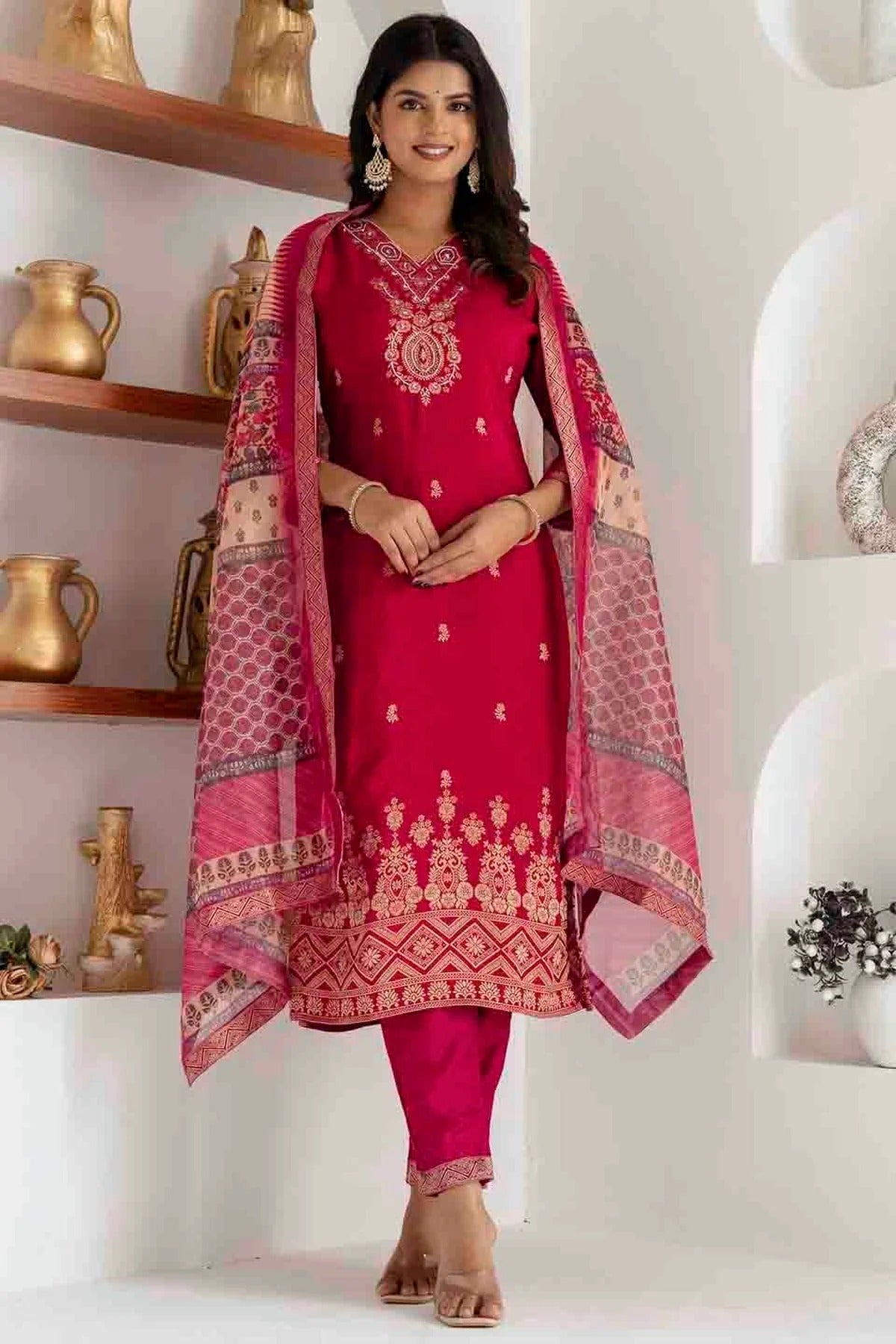 Pink Viscose Silk Woven Pant Style Suit NCSS11110346