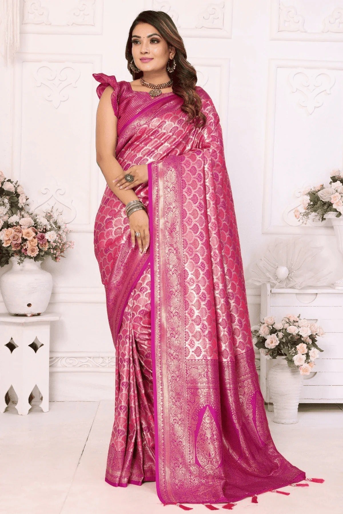 Pink Woven Banarasi Silk Traditional Saree NCSD12510194