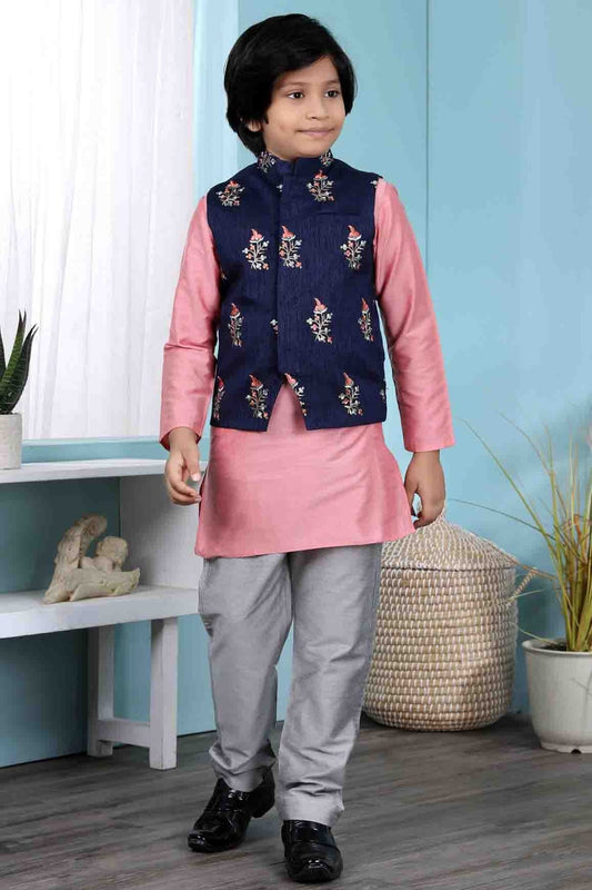 Pink and Blue Cotton Silk Kurta PajamaWith Jacket NCBW10710712