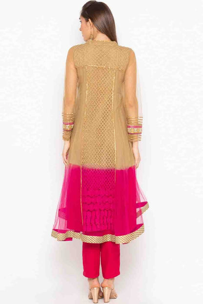 Pink and Brown Plus Size Stitched Net Embroidery Pant Style Suit NCSS10710508