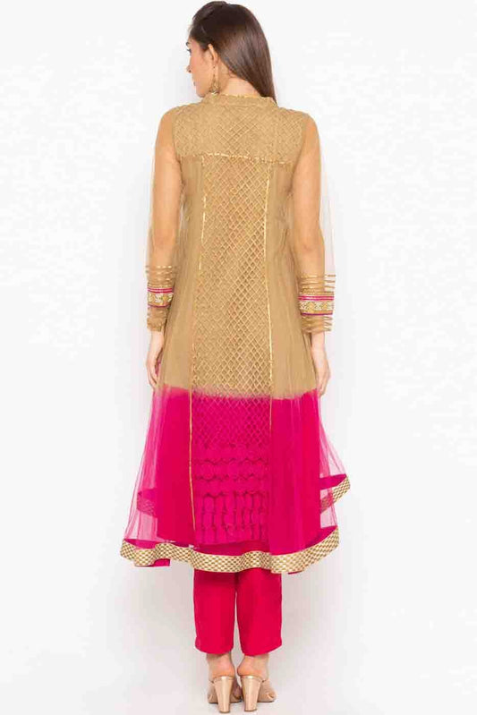 Pink and Brown Plus Size Stitched Net Embroidery Pant Style Suit NCSS10710508