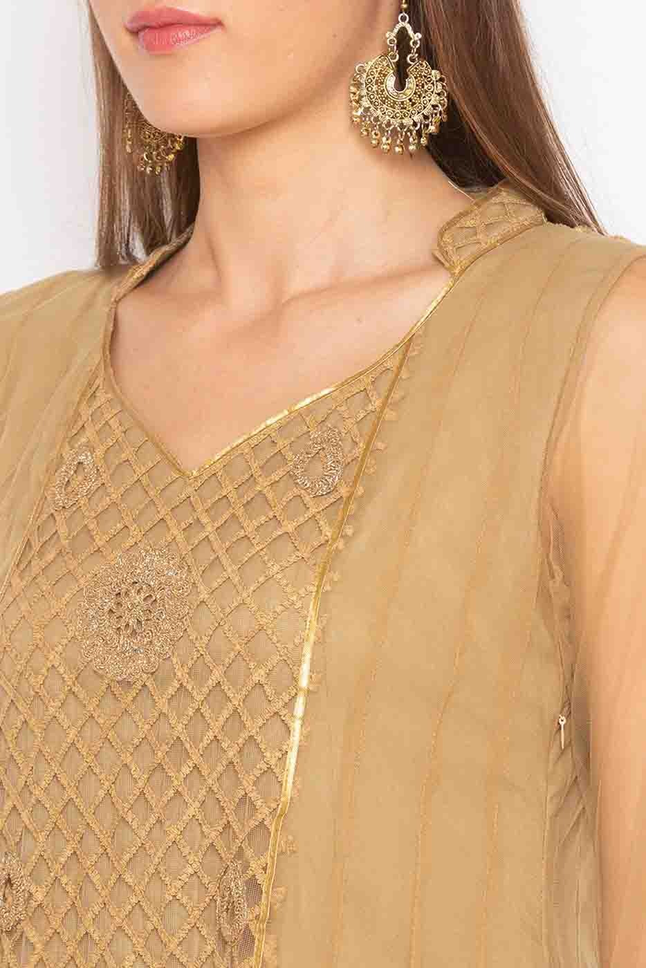 Pink and Brown Plus Size Stitched Net Embroidery Pant Style Suit NCSS10710508