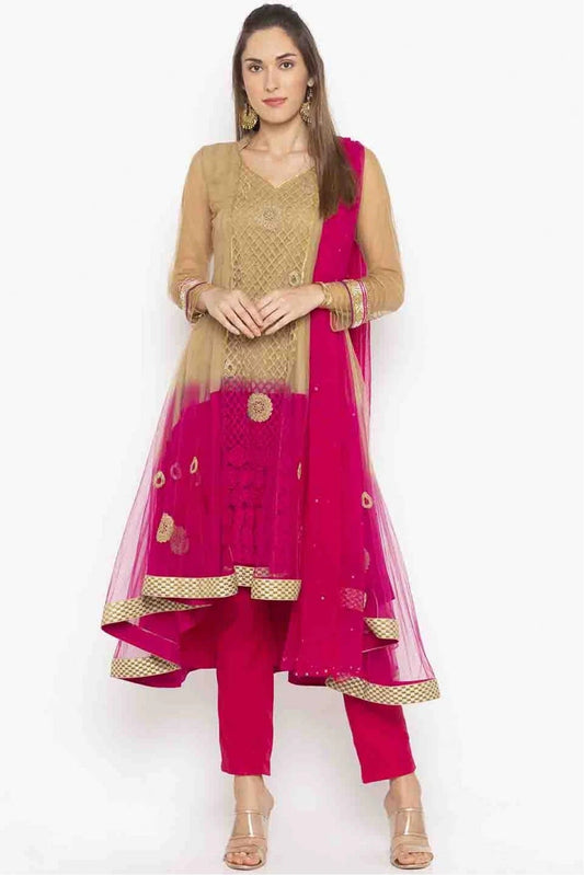 Pink and Brown Plus Size Stitched Net Embroidery Pant Style Suit NCSS10710508
