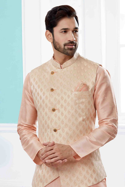 Pink and Cream Kurta PajamaWith Jacket In Silk Dupion  NCKP10410741
