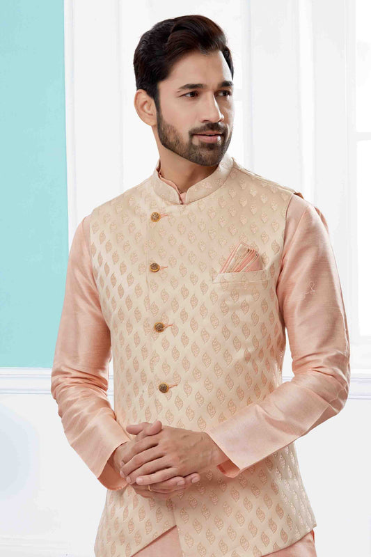 Pink and Cream Kurta PajamaWith Jacket In Silk Dupion  NCKP10410741