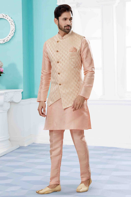 Pink and Cream Kurta PajamaWith Jacket In Silk Dupion NCKP10410741