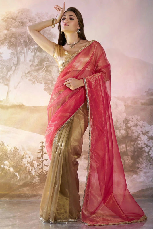Pink and Gold Twill Net Saree NCSD11111067
